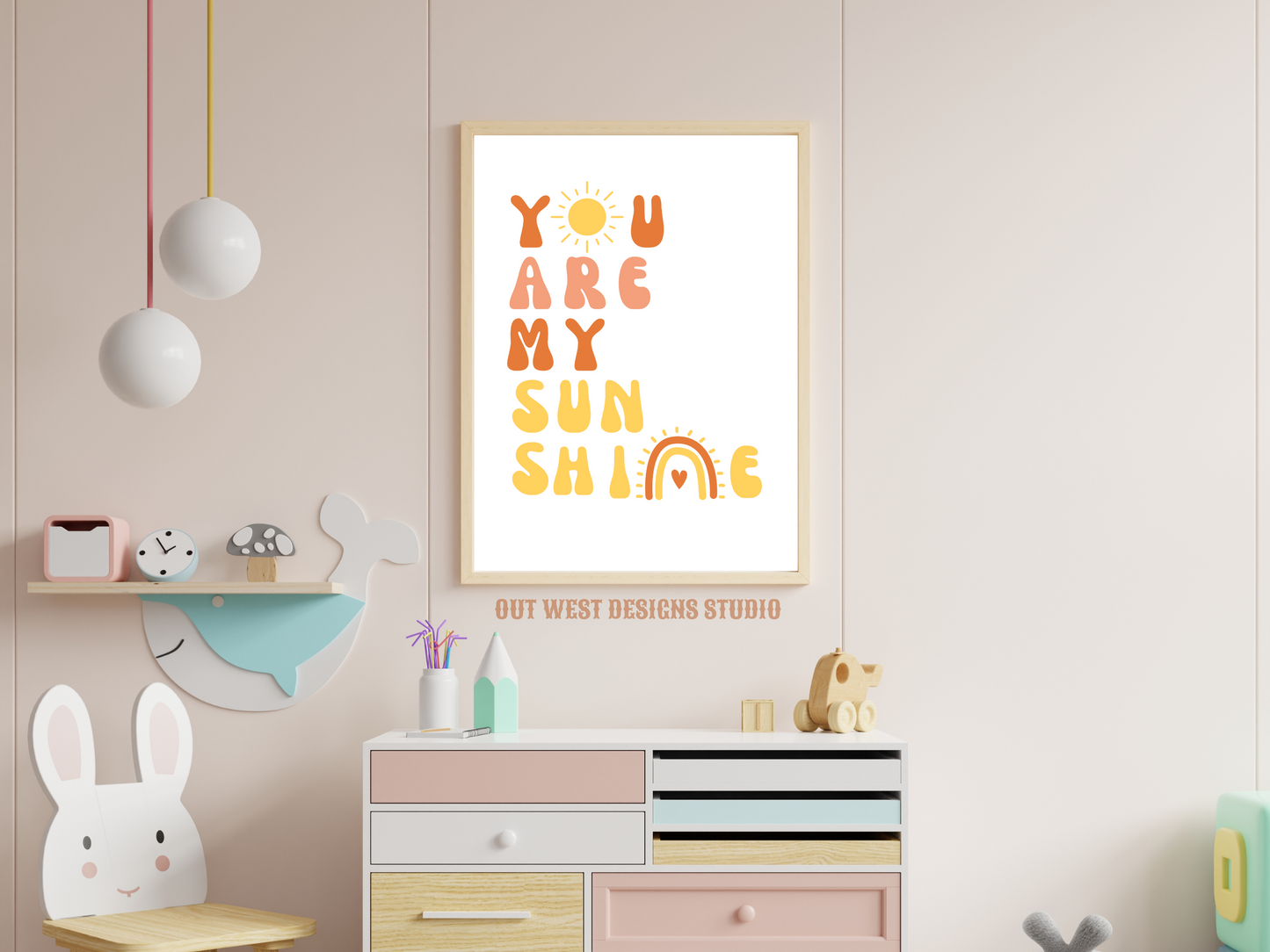 You are my sunshine nursery print in pink, orange + yellow | Kids bedroom poster art | boho babies nursery decor girls + boys room