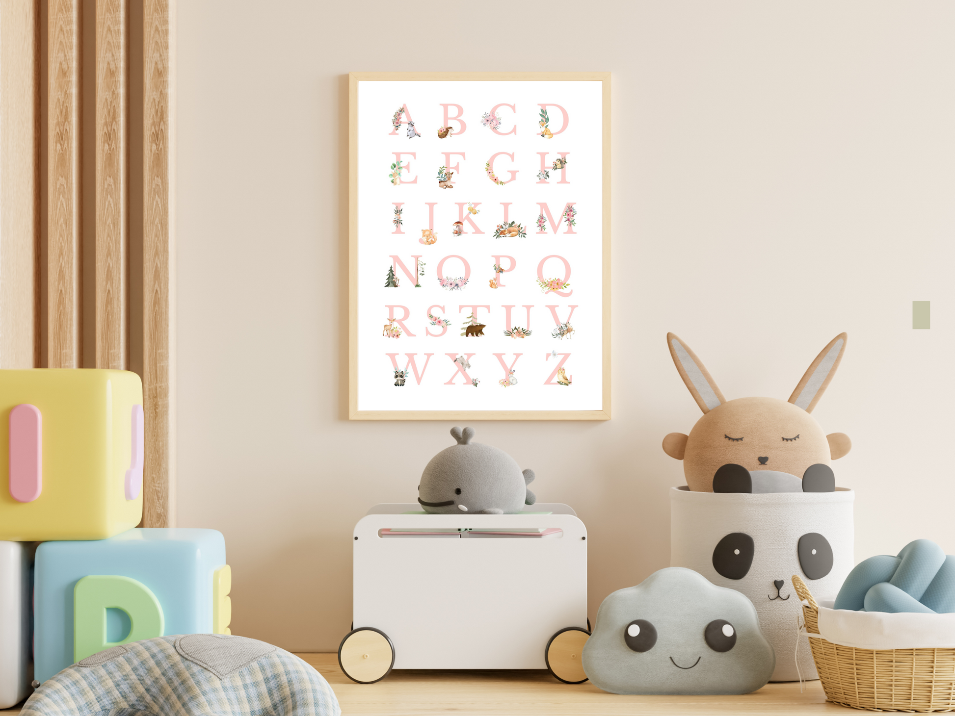 Alphabet Woodlands animals Poster Printable Wall Art PINK FONT | ABC Alphabet Print Kids | Boho + country Nursery Decor Playroom picture