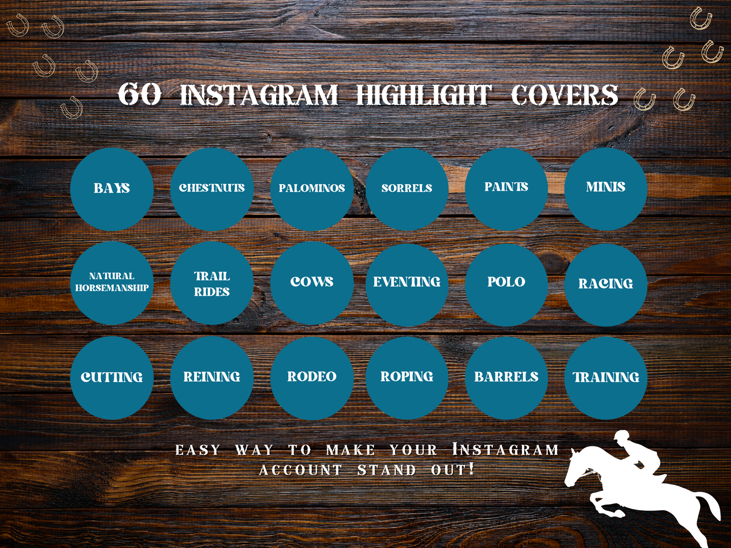 Equestrian horse riding Instagram highlight covers + story backgrounds - show jumping, pony, dressage, rodeo cowgirl blue IG icons