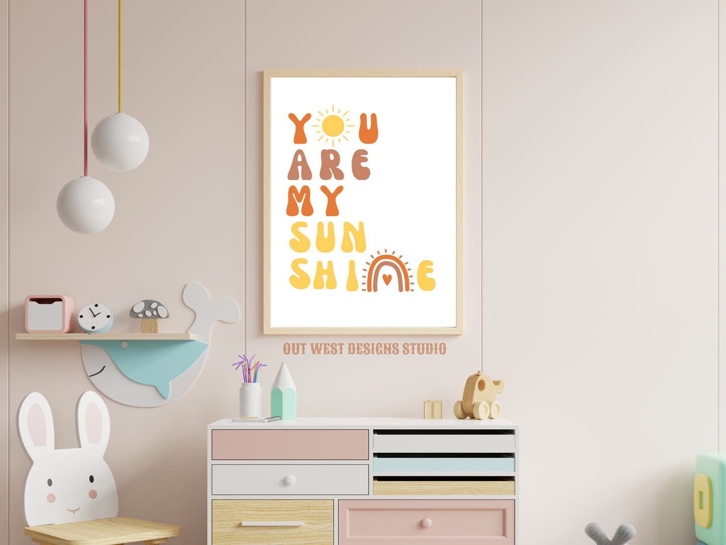 You are my sunshine nursery print in pink, orange + yellow | Kids bedroom poster art | boho babies nursery decor girls + boys room