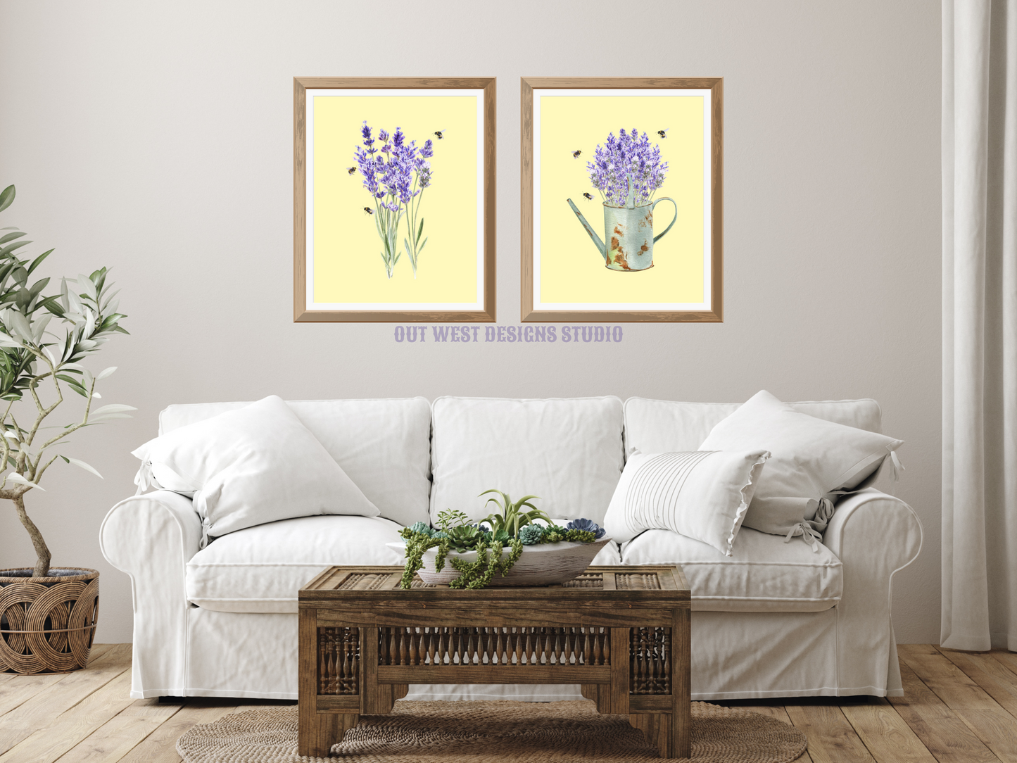 Lavender and bumble bees garden floral watercolor art print | farm house homesteading flower poster