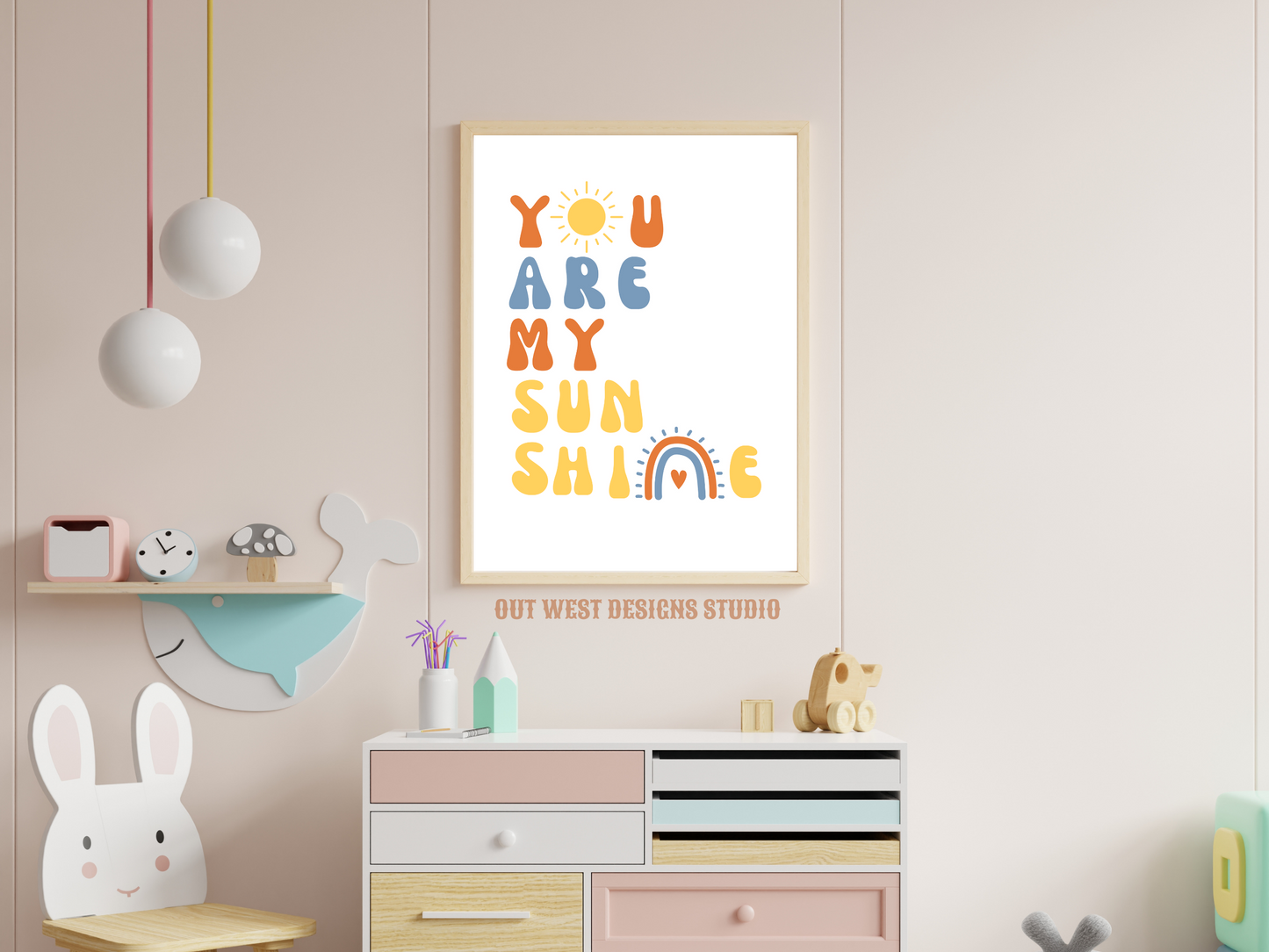 You are my sunshine nursery print in blue, orange + yellow | Kids bedroom poster art | boho babies nursery decor girls + boys room