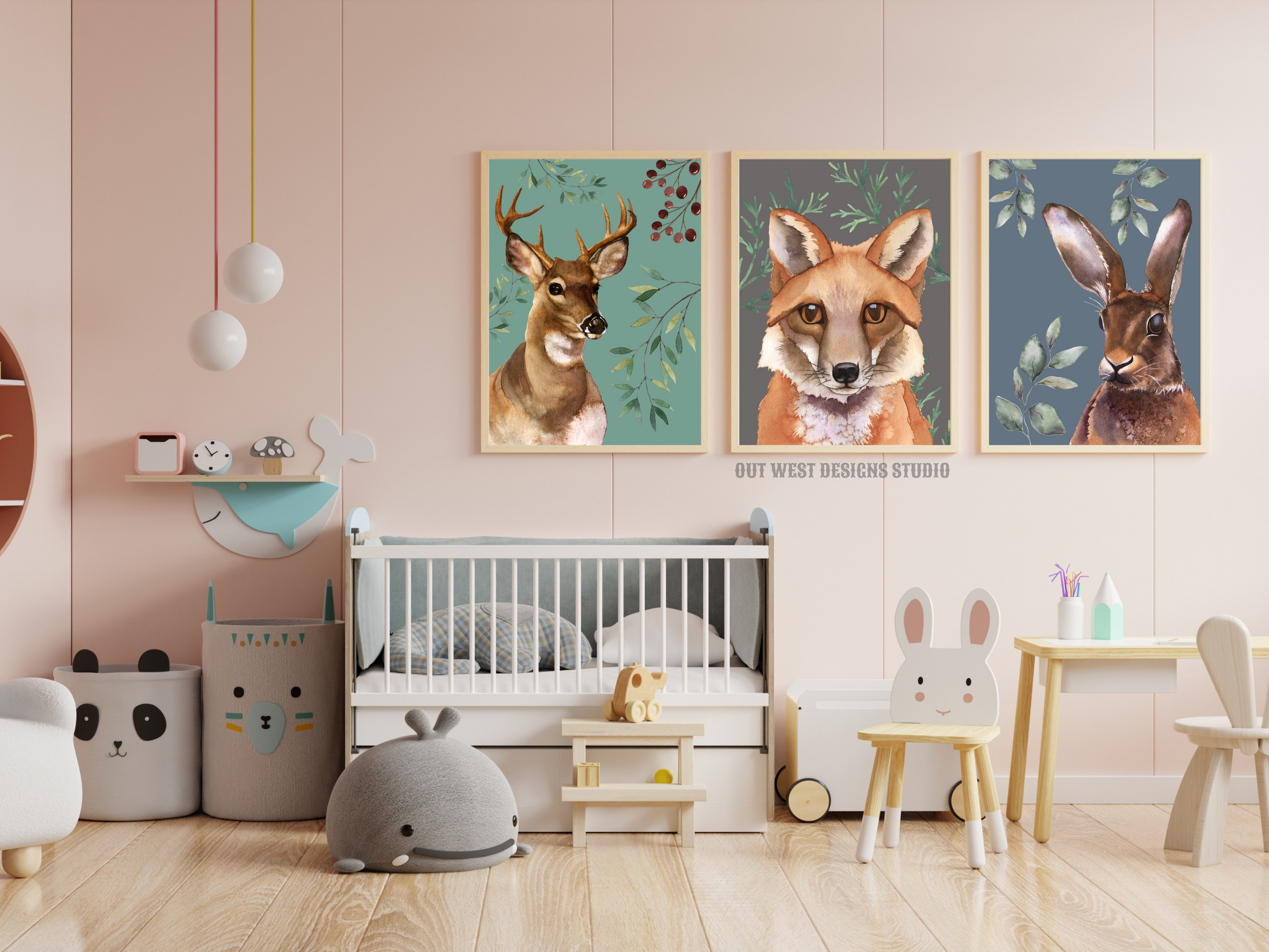 Woodlands animal print- babies, toddler girls nursery home wall decor - fox deer + rabbit hare water-color kids bedroom