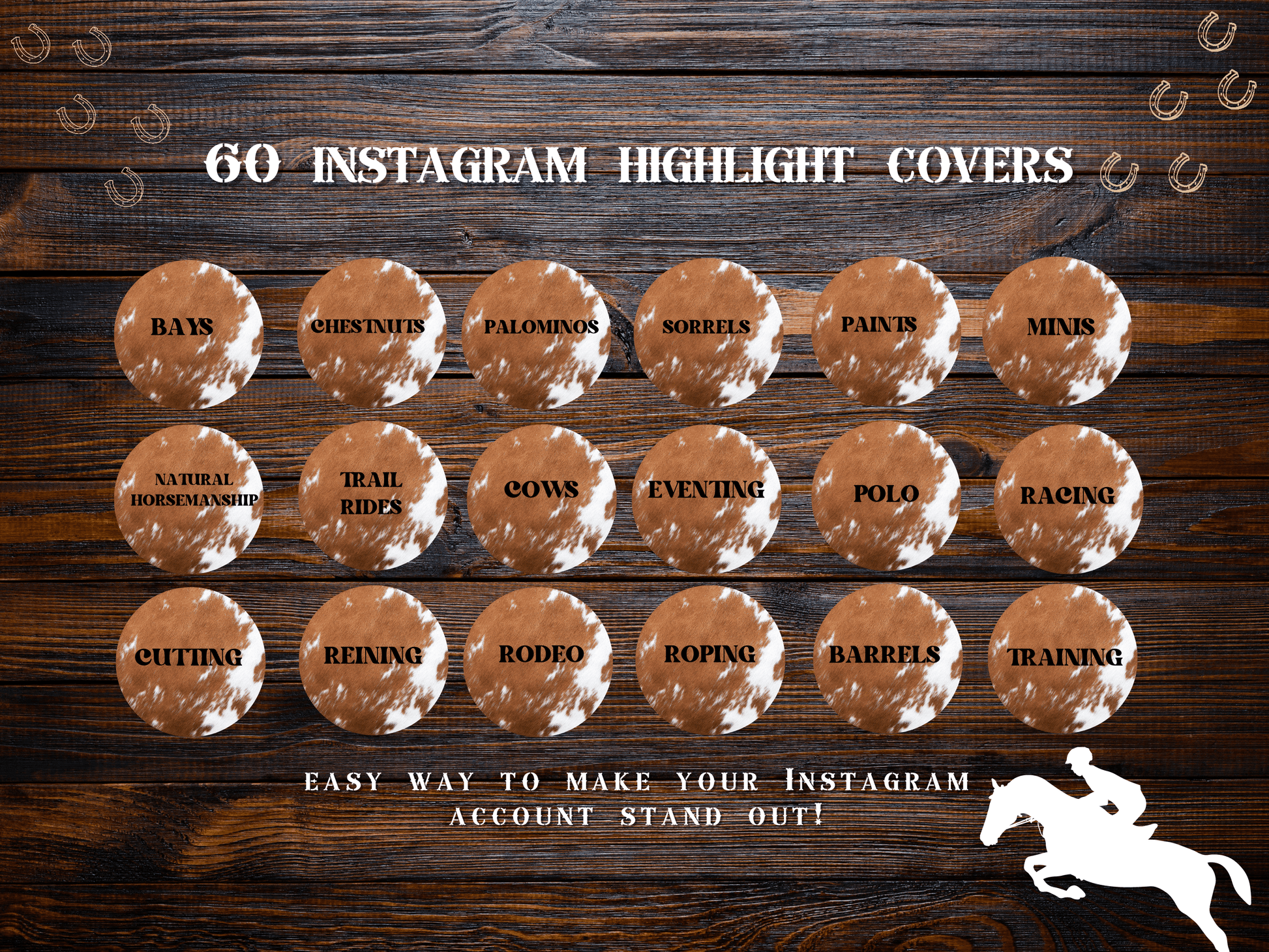 Cowhide Equestrian horse riding Instagram highlight covers + story backgrounds - show jumping, pony, dressage, rodeo cowgirl IG icons