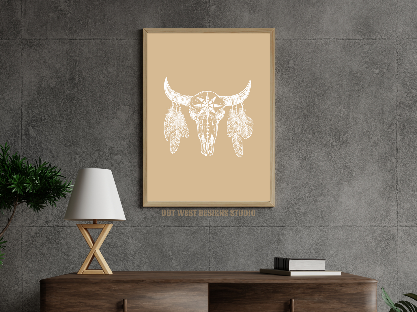 Buffalo and feathers Western cowgirl home decor - Retro Poster wall bedroom, hallway lounge room southern ranch art!