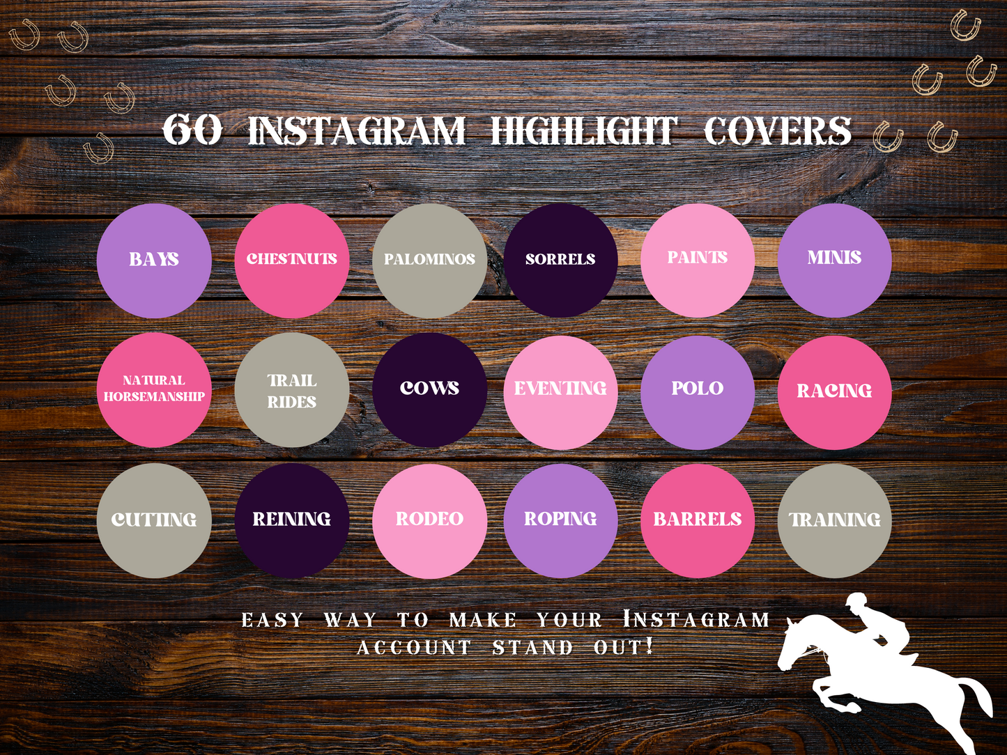 Equestrian horse riding Instagram highlight covers + story backgrounds - Pink Purple show jumping, pony, dressage, rodeo cowgirl IG icons