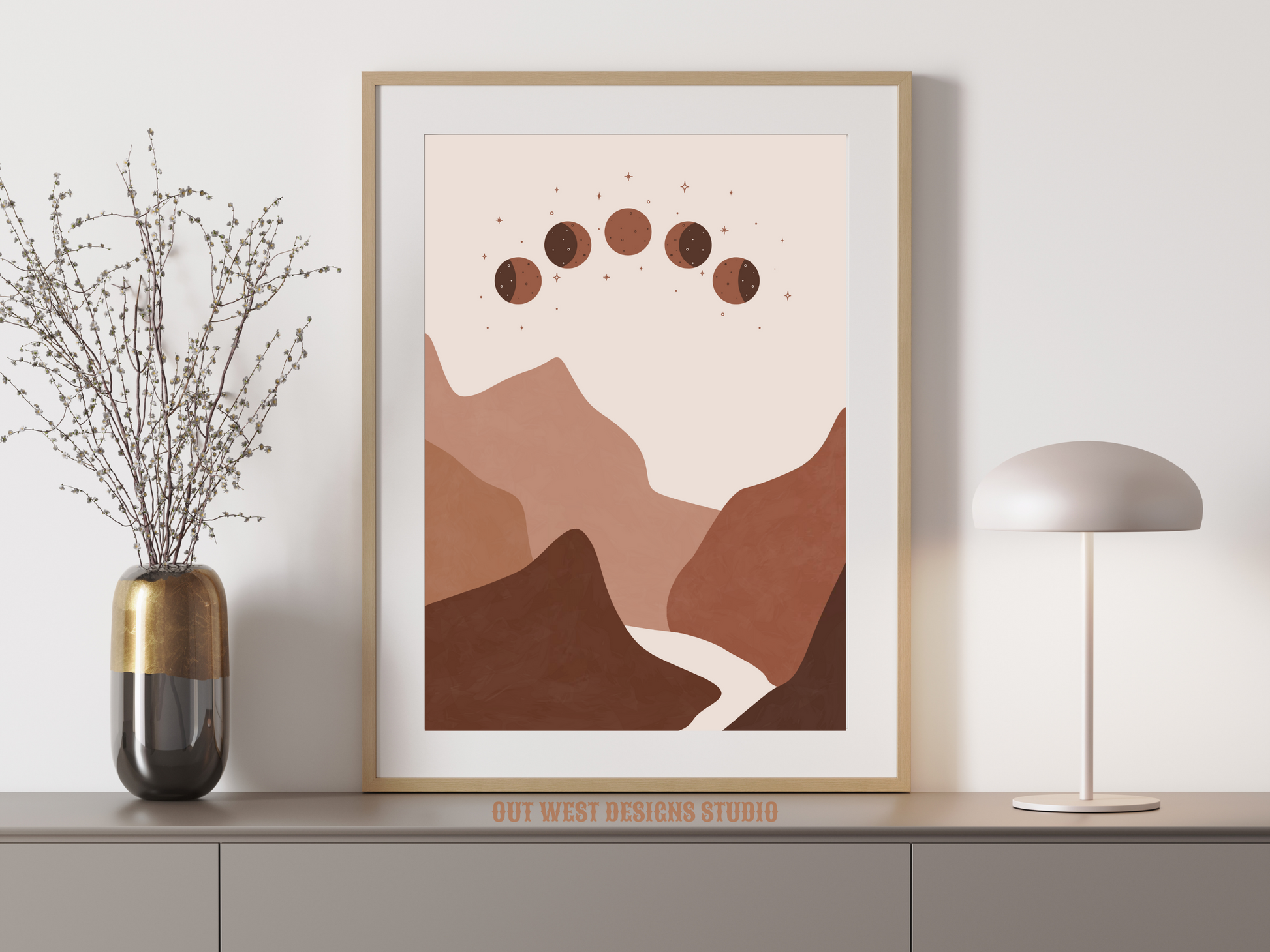 Dusty Pink Mountains + Moon boho cowgirl print - Western mountain astrology star pastel printable poster