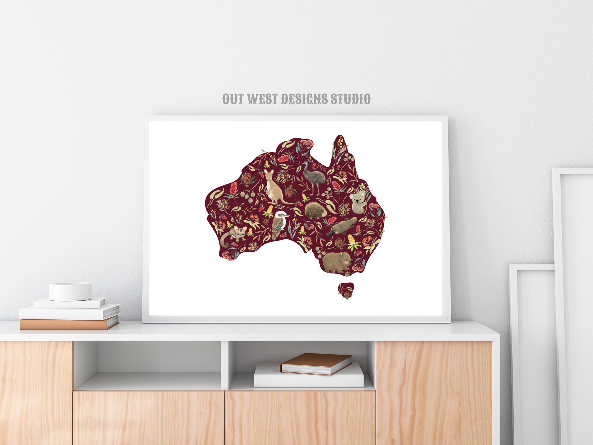 Australian animal map for Nursery print - baby toddler girls + boys home wall decor - kids bedroom- Koala, kangaroo, emu, possum, blossoms