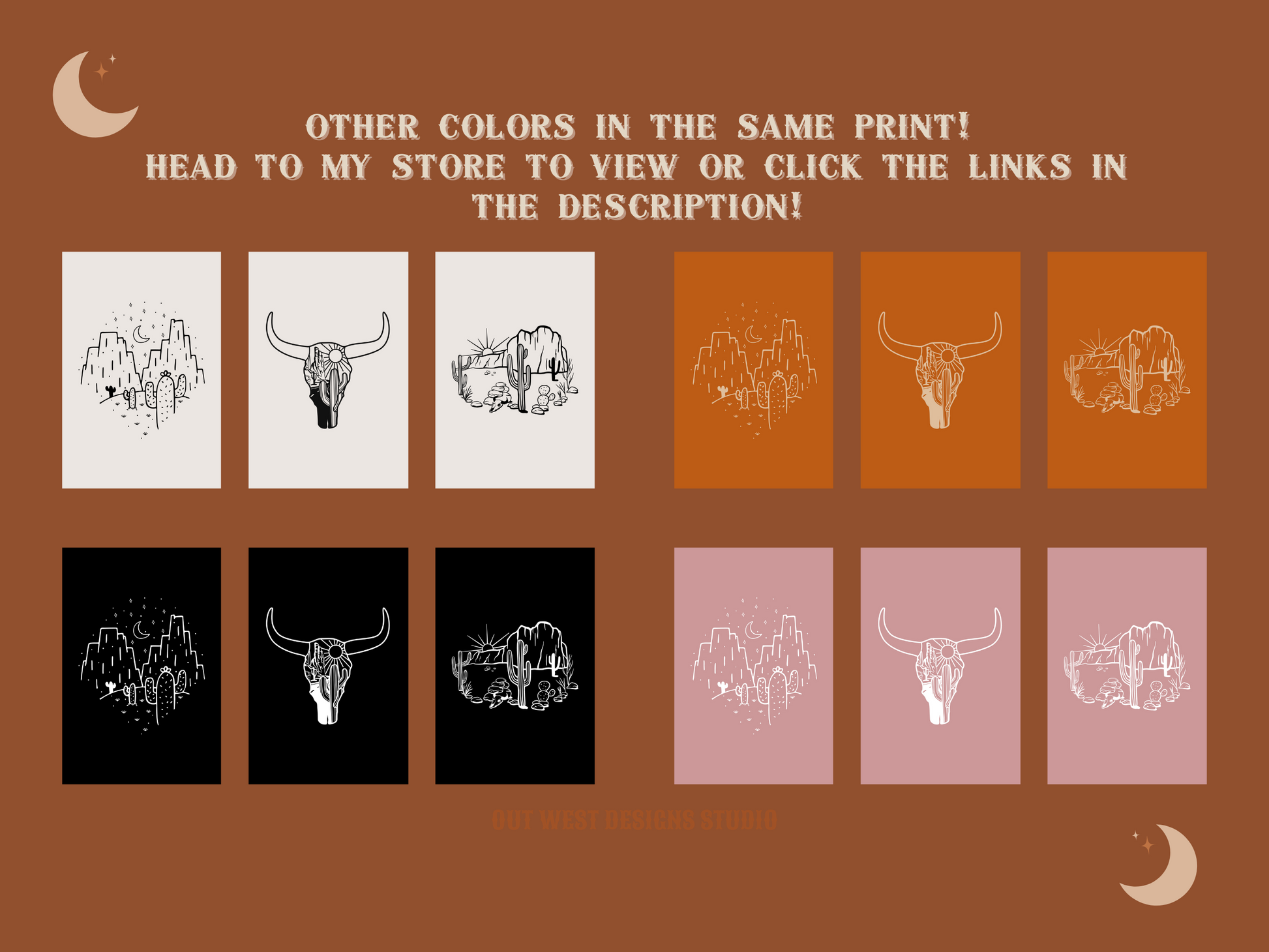 Printable Cowgirl Desert set of 3 prints in rust + cream color - Western home decor - Poster wall art long horn, cactus, south western!