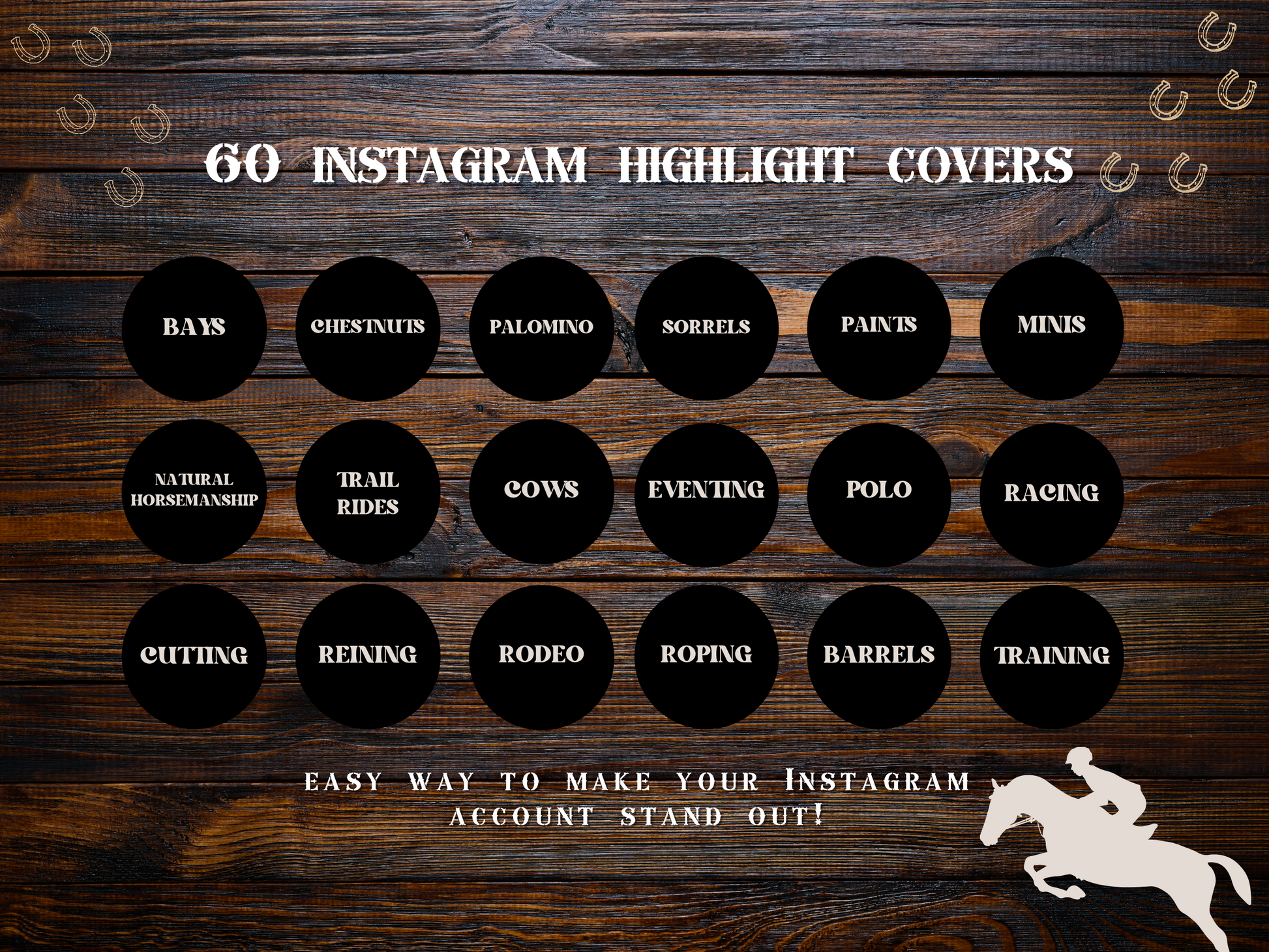 Equestrian horse riding Instagram highlight covers + story backgrounds - show jumping, pony, dressage, rodeo cowgirl black IG icons