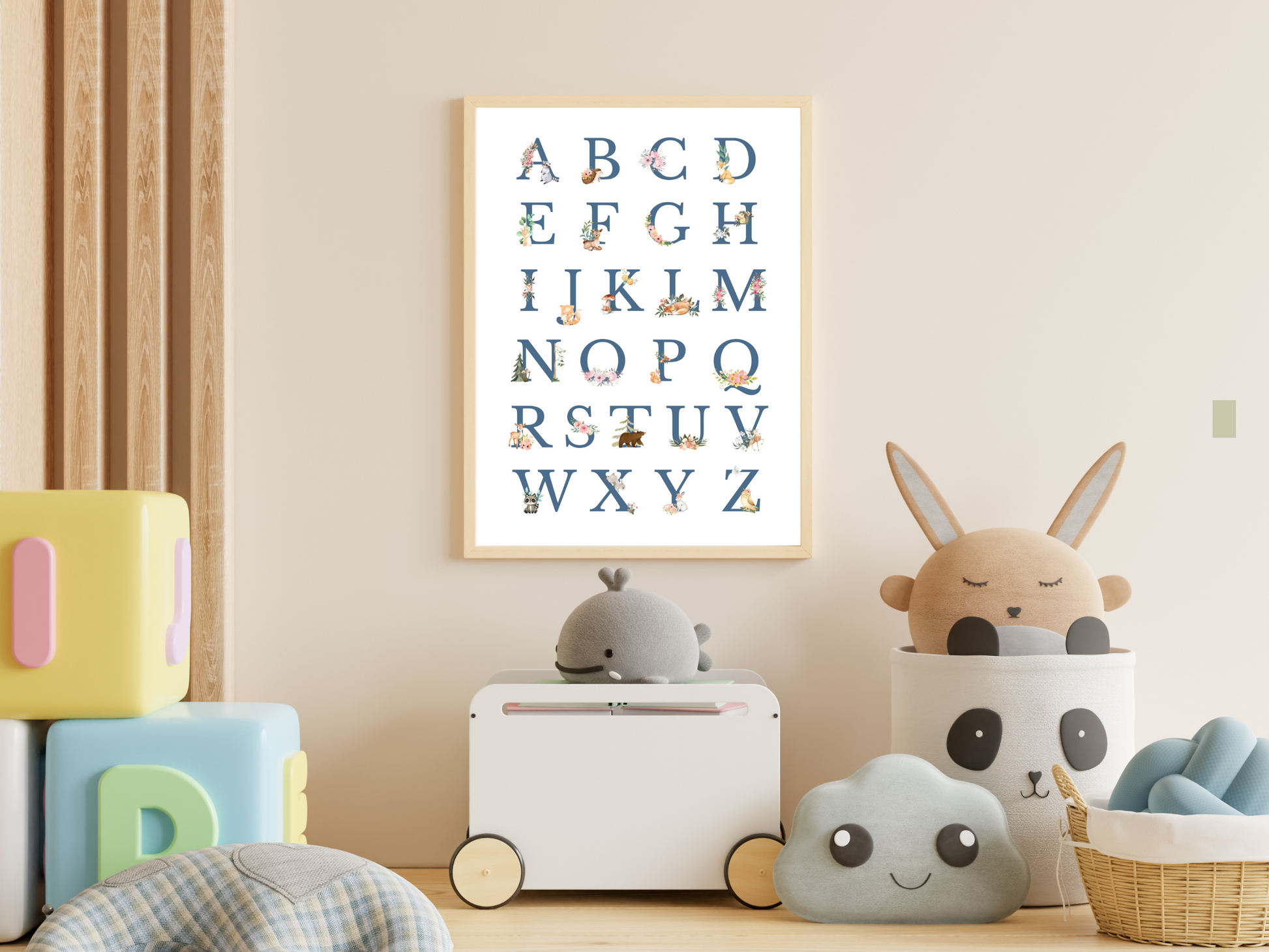 Alphabet Woodlands animals Poster Printable Wall Art BLUE FONT | ABC Alphabet Print Kids | Boho + country Nursery Decor Playroom picture