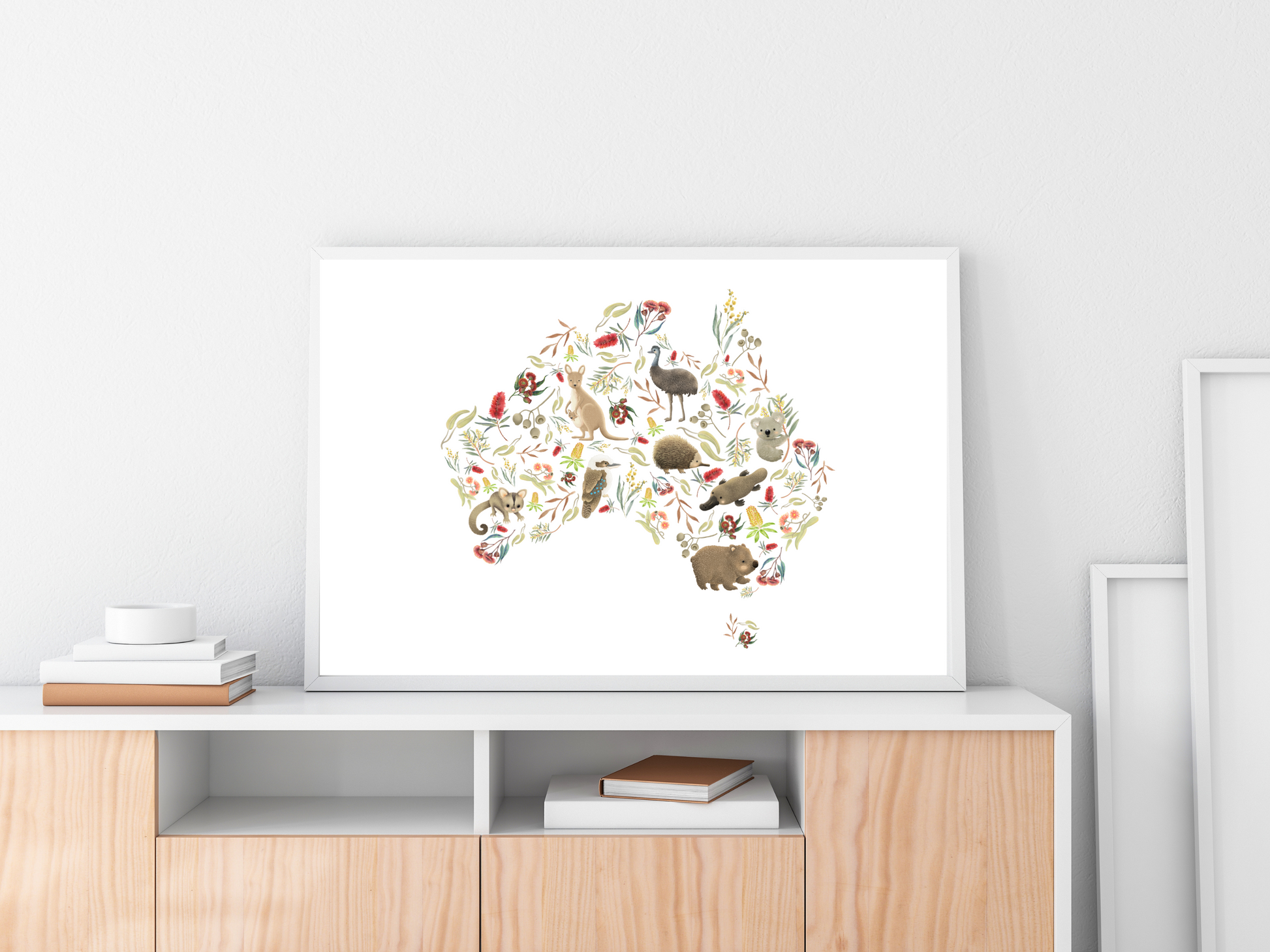 Australian animal map for Nursery print - baby toddler girls + boys home wall decor - kids bedroom- Koala, kangaroo, emu, possum, blossoms