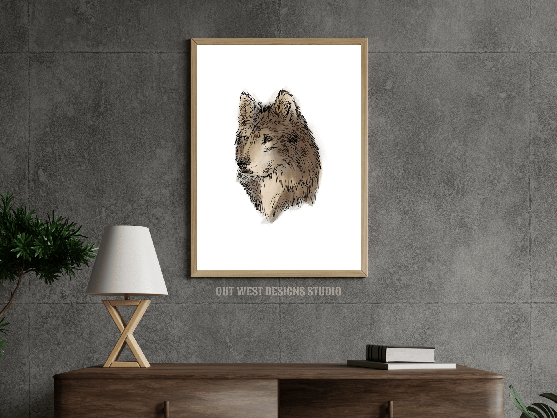 Wolf sketch print - grey wolf nature art poster hand drawn in grey, brown + white - by 'Out West Country.'