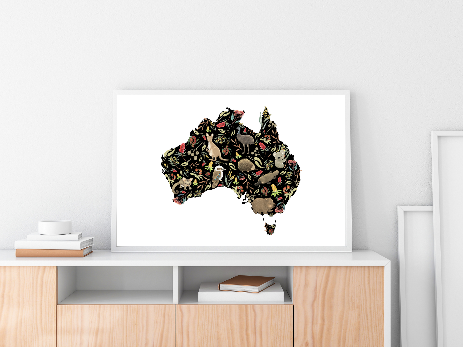 Australian animal map for Nursery print - baby toddler girls + boys home wall decor - kids bedroom- Koala, kangaroo, emu, possum, blossoms