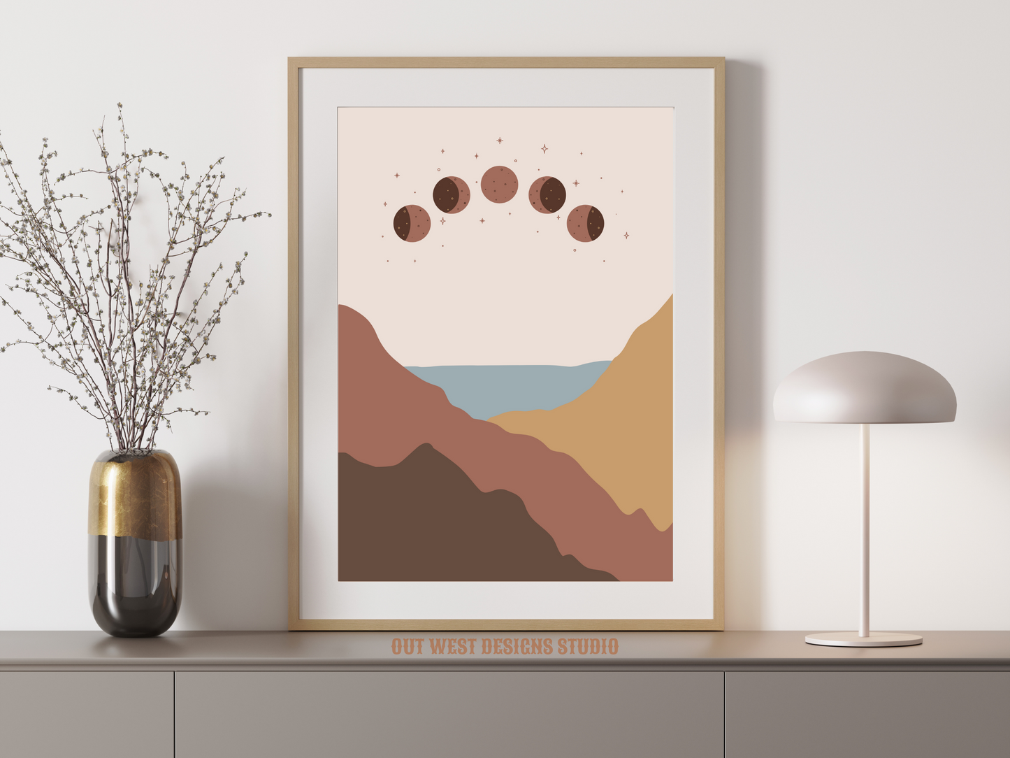 Dusty Blue Mountains + Moon boho cowgirl print - Western mountain astrology star pastel printable poster