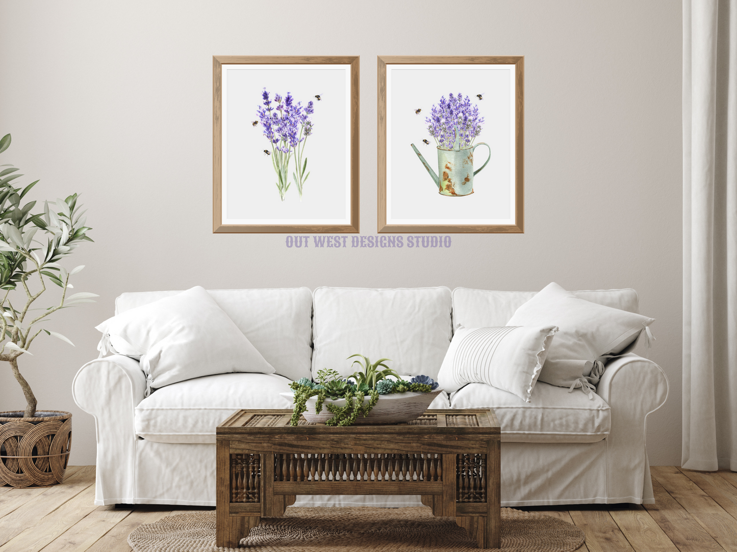 Lavender and bumble bees garden floral watercolor art print | farm house homesteading flower poster