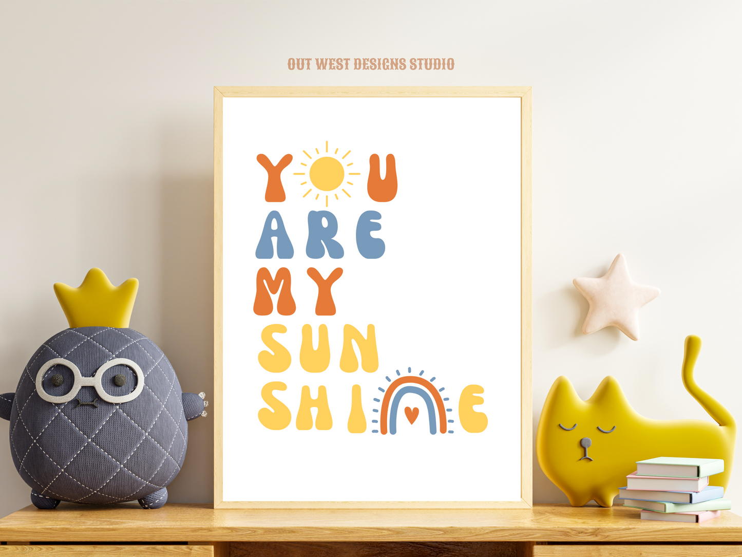 You are my sunshine nursery print in blue, orange + yellow | Kids bedroom poster art | boho babies nursery decor girls + boys room