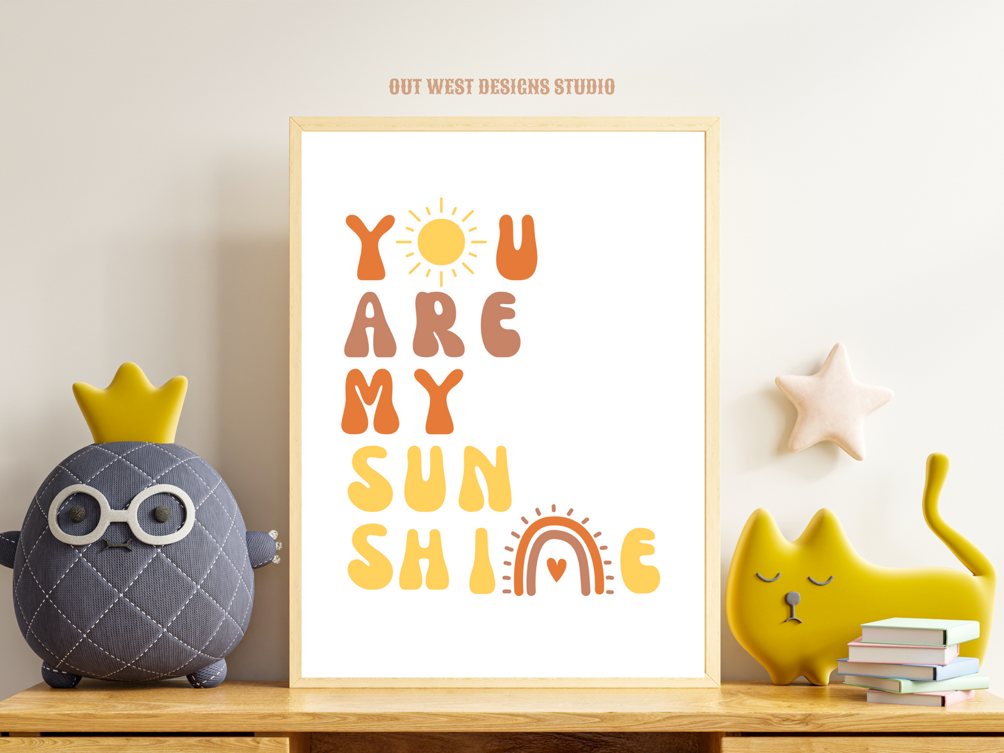 You are my sunshine nursery print in pink, orange + yellow | Kids bedroom poster art | boho babies nursery decor girls + boys room