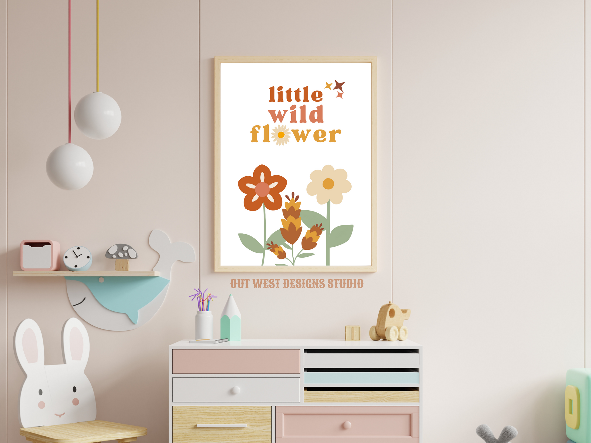 Little Wildflower print in pink, orange + yellow | Kids bedroom poster art | boho wild flower digital print babies nursery decor girls room