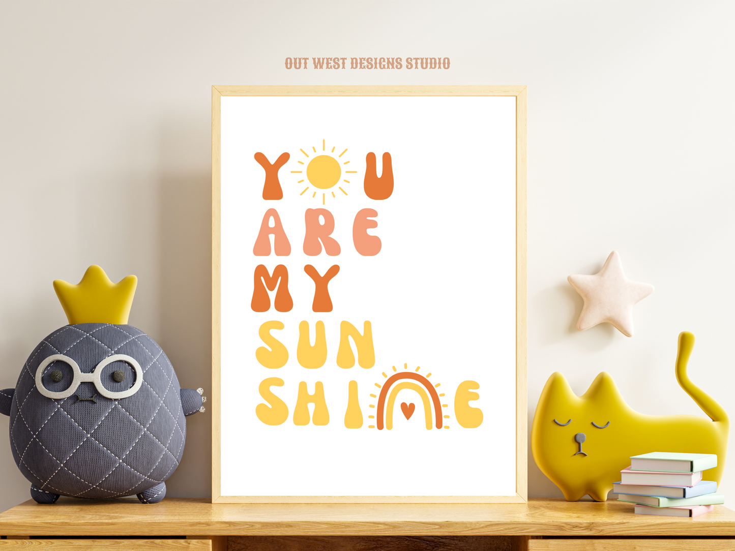 You are my sunshine nursery print in pink, orange + yellow | Kids bedroom poster art | boho babies nursery decor girls + boys room