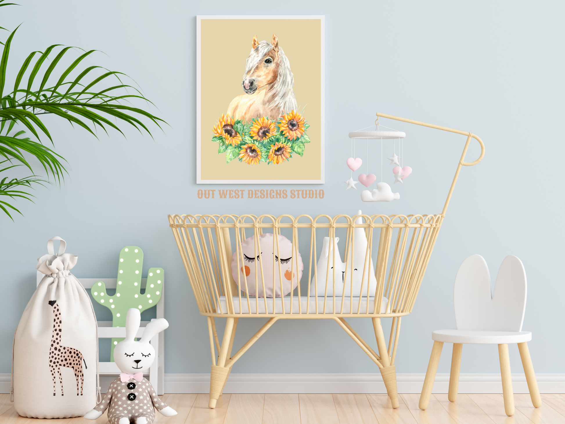 Sunflowers + Palomino horse print - babies, toddler girls + boys nursery home wall decor - pony cowgirl cowboy horses kids bedroom