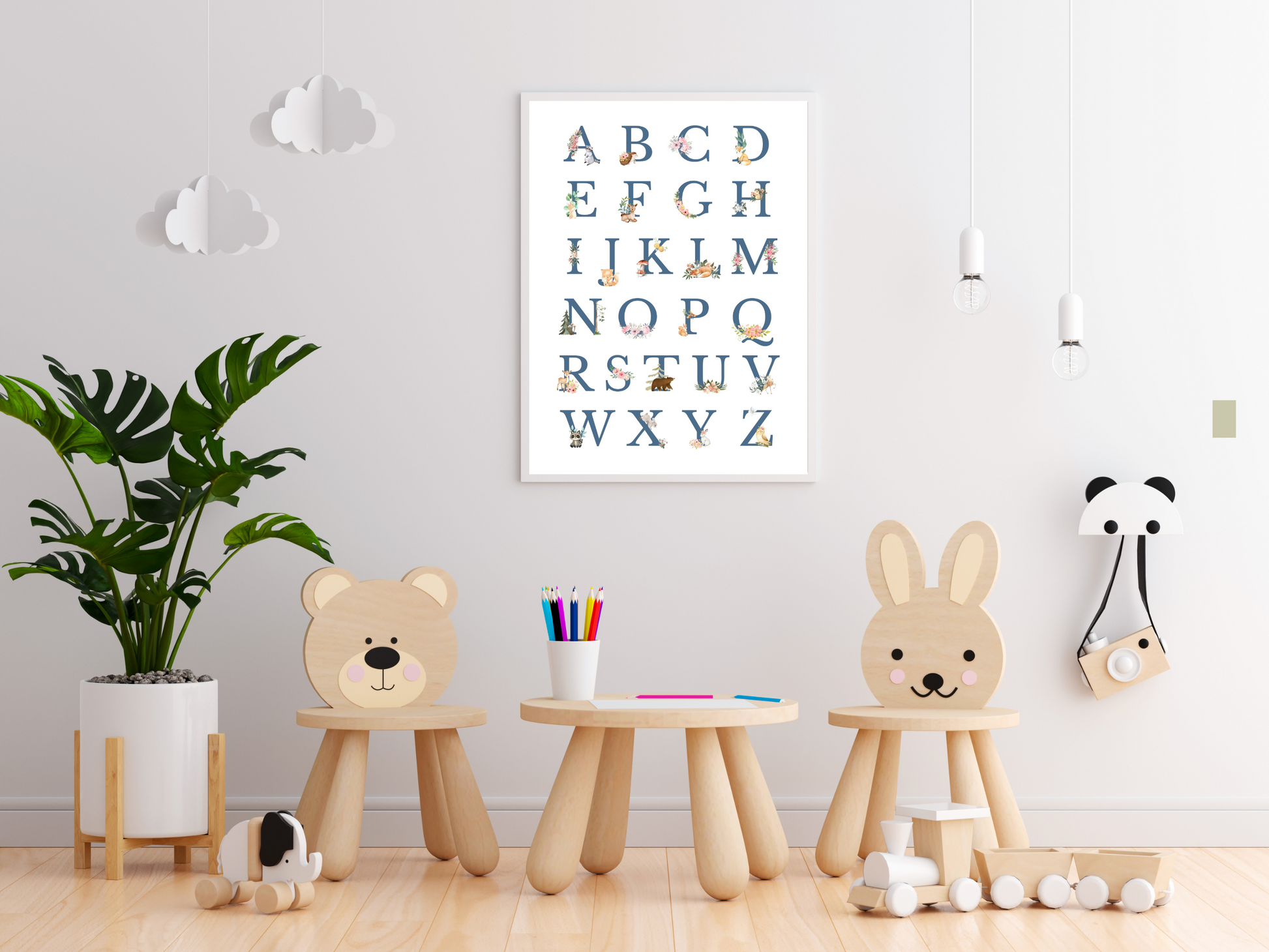 Alphabet Woodlands animals Poster Printable Wall Art BLUE FONT | ABC Alphabet Print Kids | Boho + country Nursery Decor Playroom picture