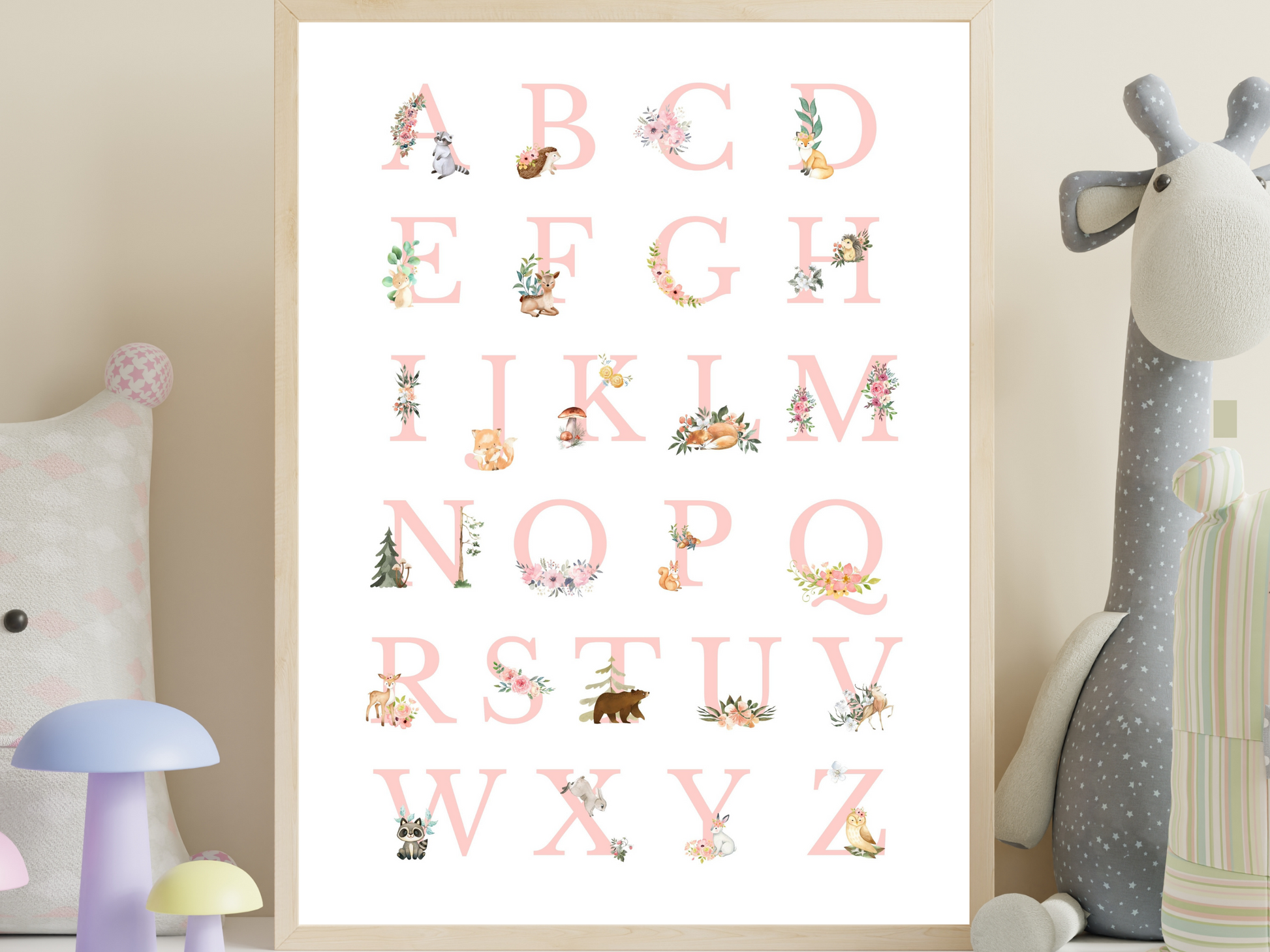 Alphabet Woodlands animals Poster Printable Wall Art PINK FONT | ABC Alphabet Print Kids | Boho + country Nursery Decor Playroom picture