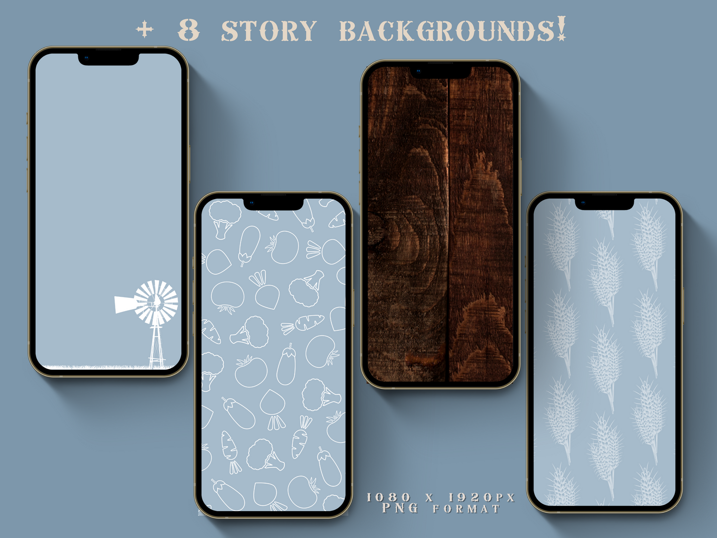 Farm + homesteading blue Instagram highlight covers + story backgrounds. Garden illustrations + icons