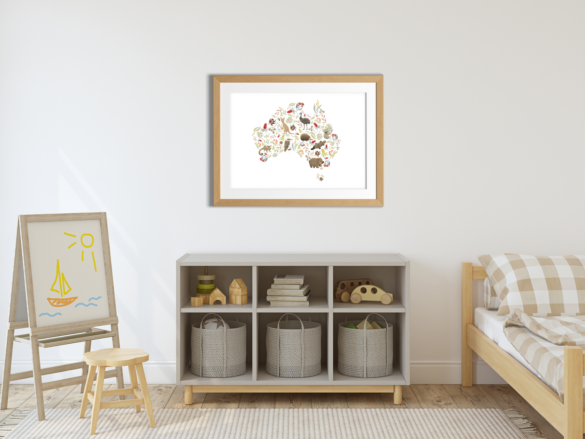 Australian animal map for Nursery print - baby toddler girls + boys home wall decor - kids bedroom- Koala, kangaroo, emu, possum, blossoms