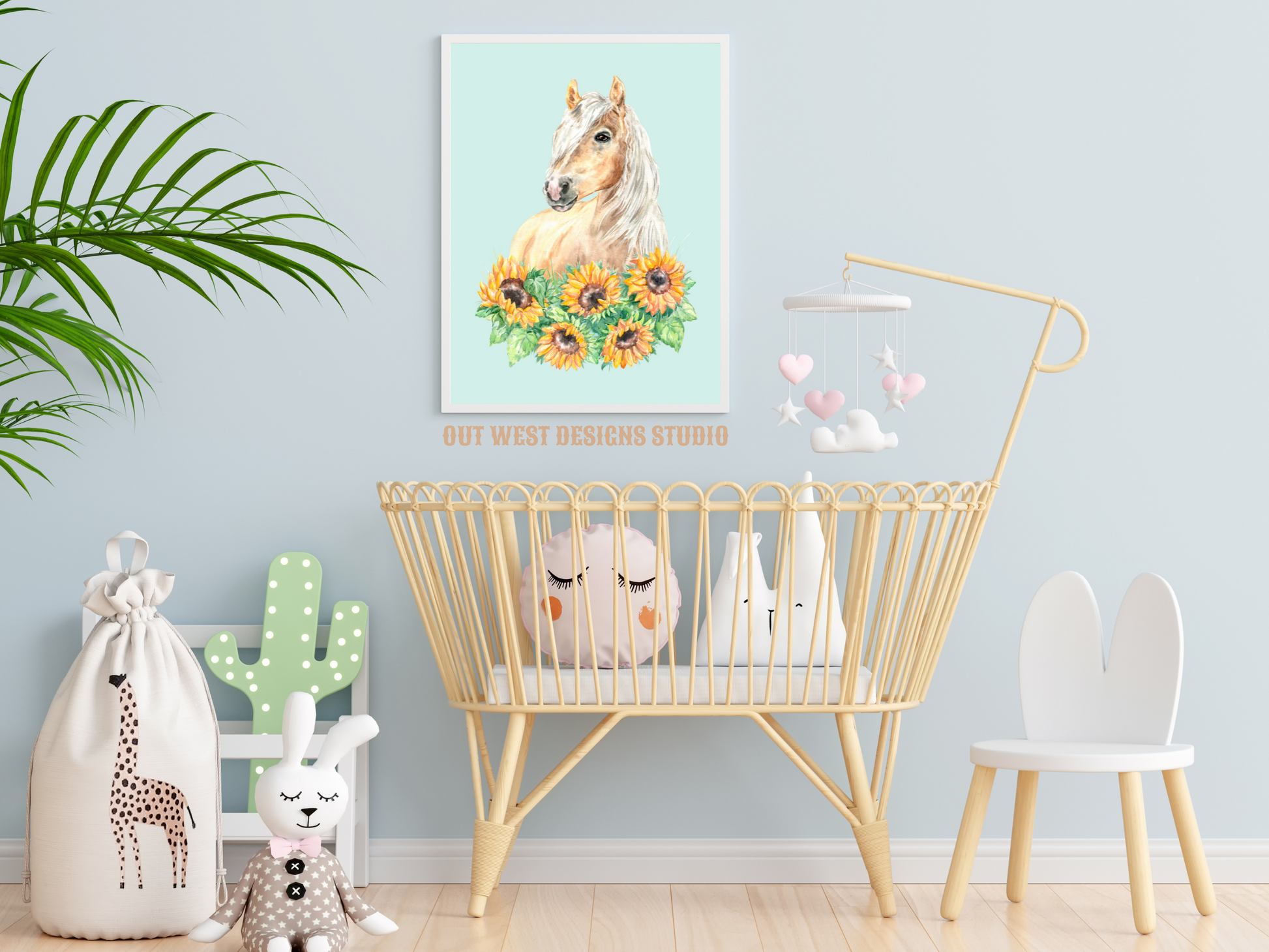 Sunflowers + Palomino horse print - babies, toddler girls + boys nursery home wall decor - pony cowgirl cowboy horses kids bedroom