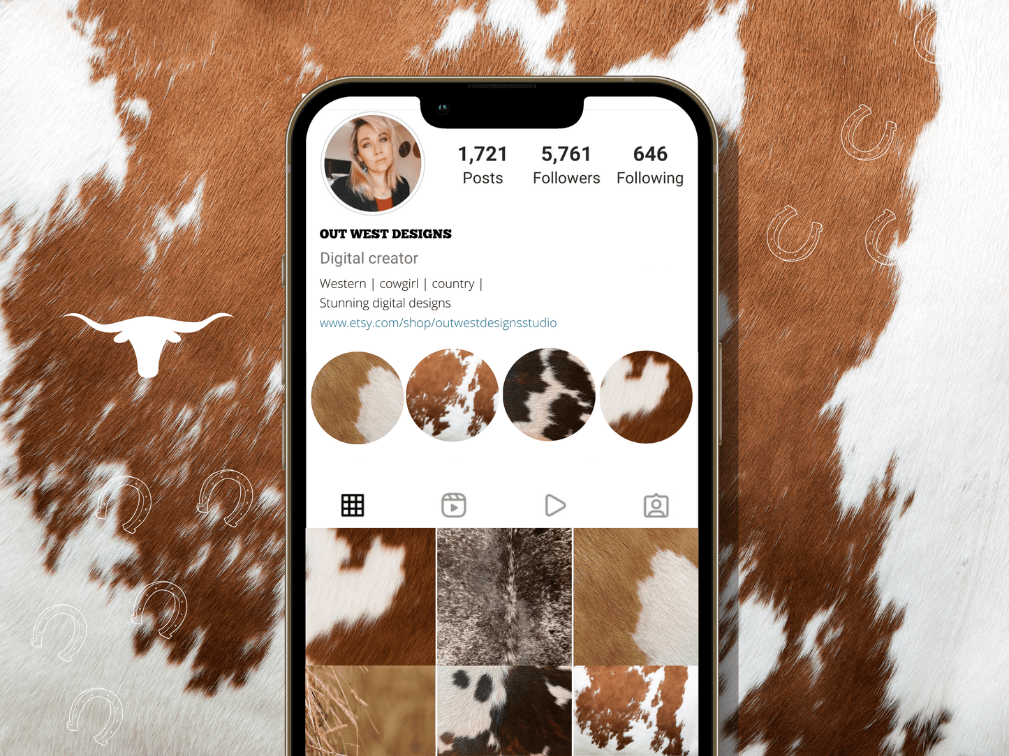 Cowhide Western Cowgirl Instagram highlight covers + story backgrounds - Cow print Wild West farm IG icons farming homesteading cattle