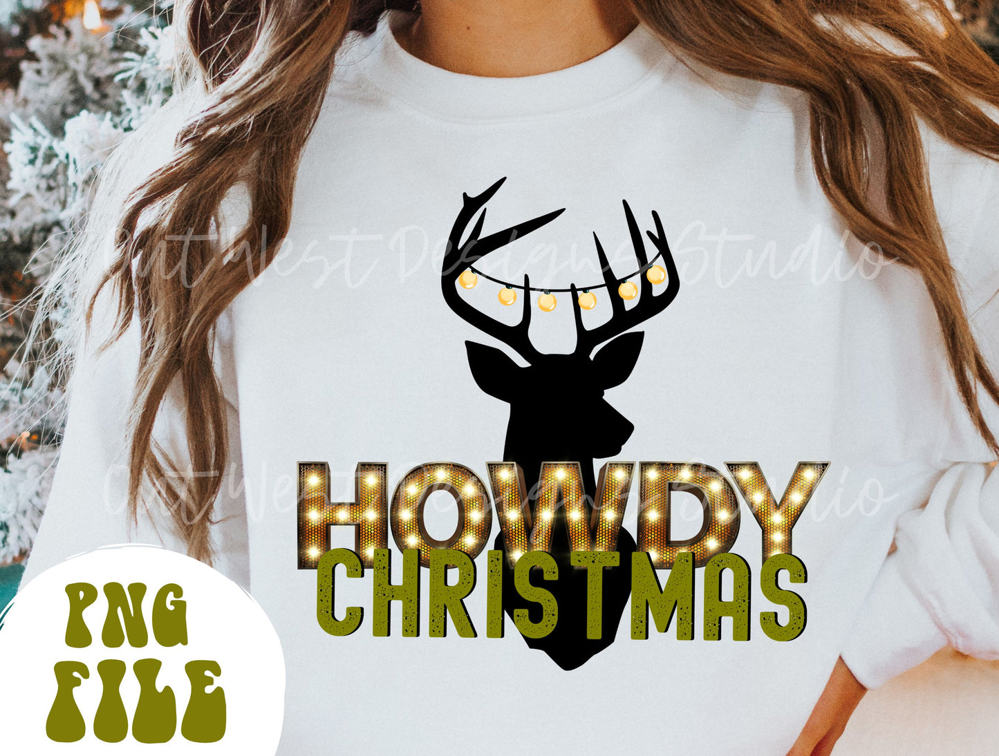 Howdy Christmas png download-Western hunting Christmas png, Country Christmas png, Holiday sublimation, Western png, Howdy png, deer lights