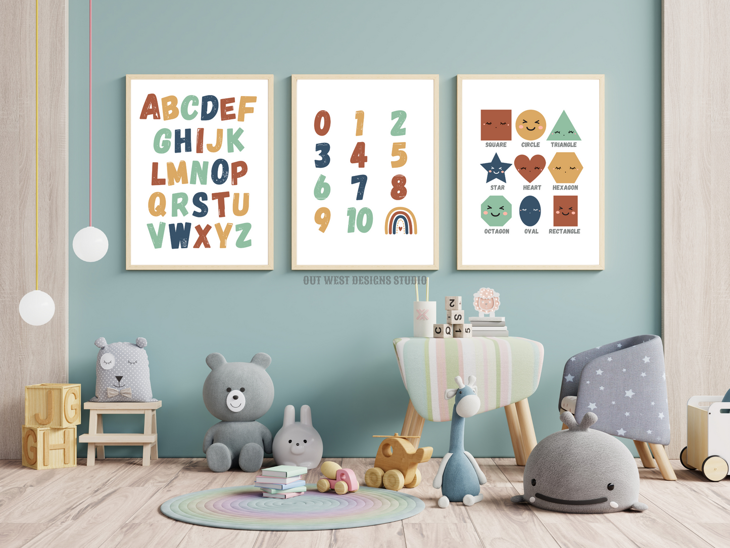 Pastel alphabet numbers + shapes print- babies, toddler boys nursery home wall decor - play room + kids bedroom educational poster art