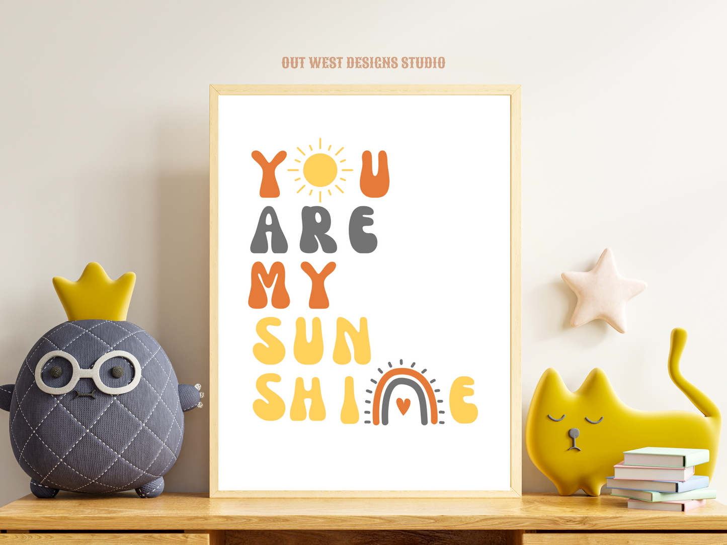 You are my sunshine nursery print in grey, orange + yellow | Kids bedroom poster art | boho babies nursery decor girls + boys room