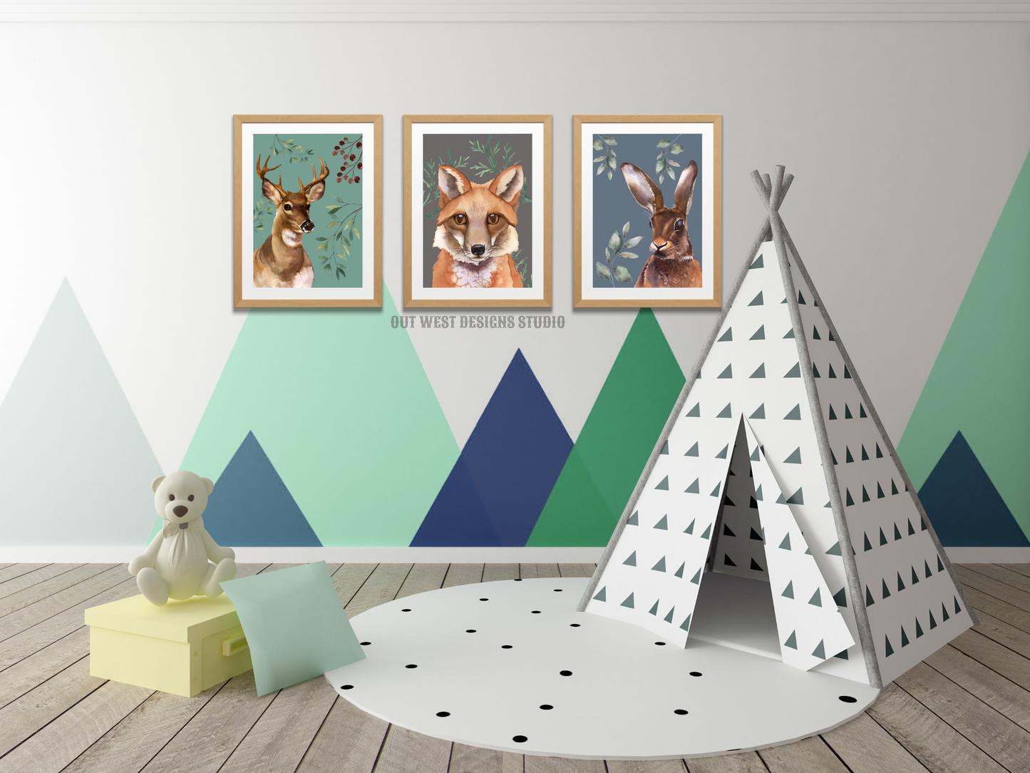 Woodlands animal print- babies, toddler boys nursery home wall decor - fox deer + rabbit hare water-color kids bedroom