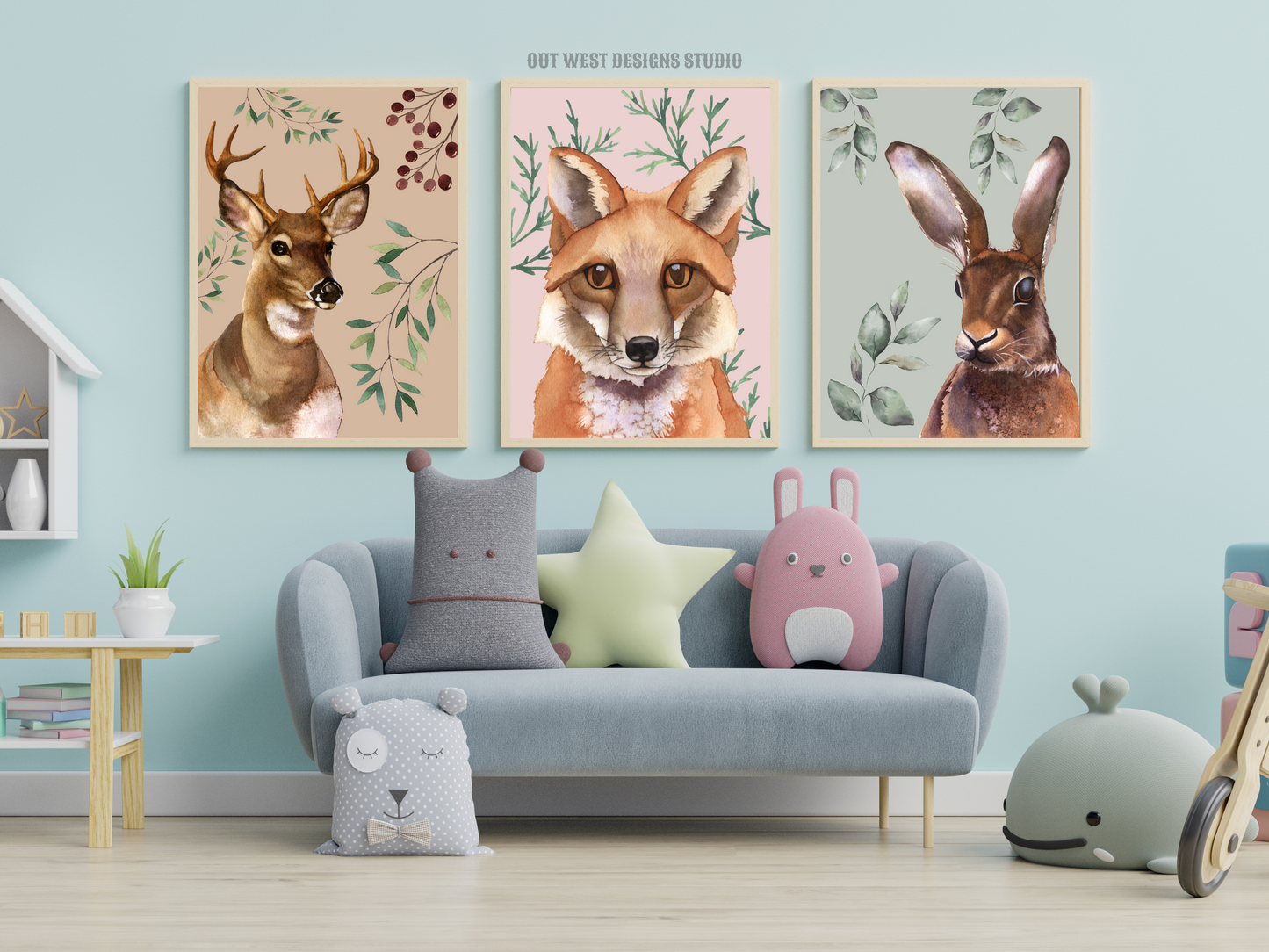 Woodlands animal print- babies, toddler girls nursery home wall decor - fox deer + rabbit hare water-color kids bedroom