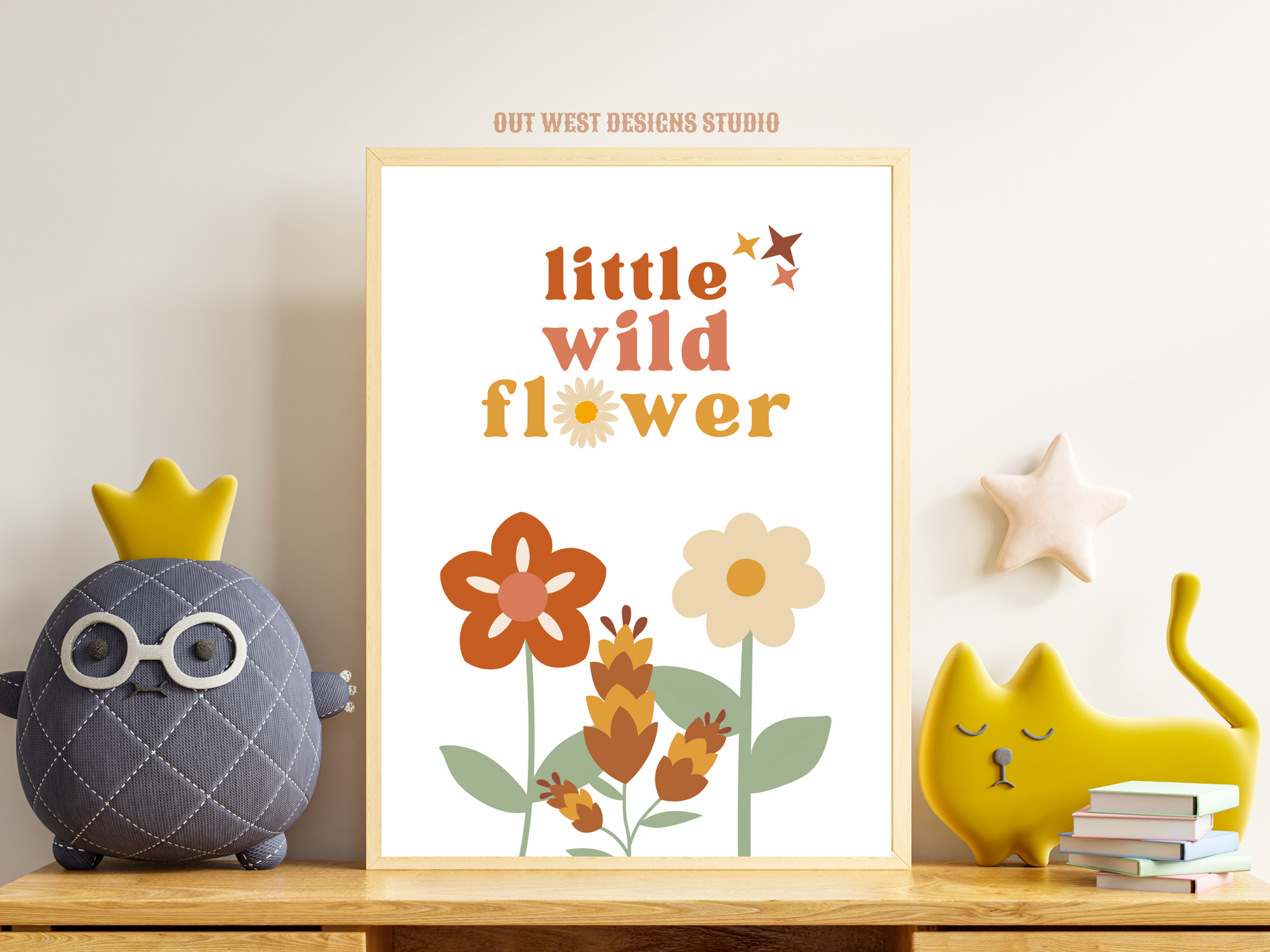 Little Wildflower print in pink, orange + yellow | Kids bedroom poster art | boho wild flower digital print babies nursery decor girls room