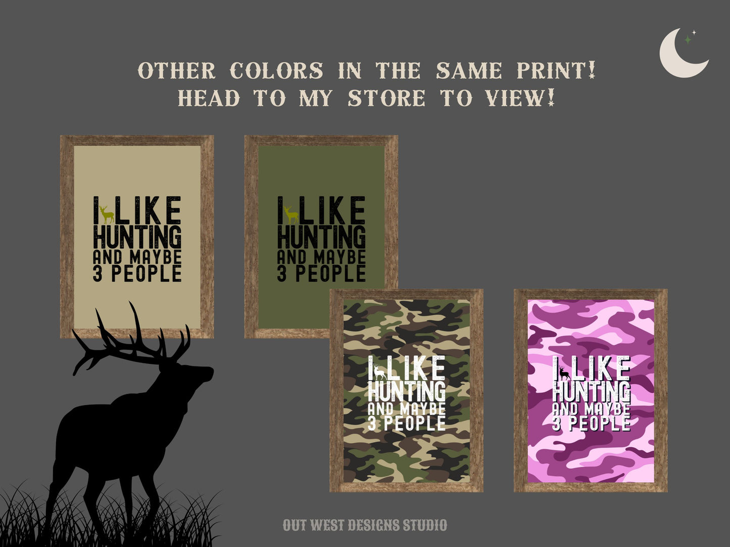 Hunting 'I like hunting + maybe 3 people' camo hunting print - Cabin home decor - deer, buck, duck hunt | Poster wall bedroom, house art