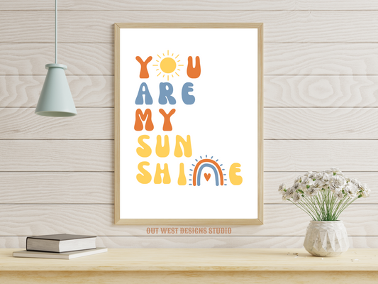 You are my sunshine nursery print in blue, orange + yellow | Kids bedroom poster art | boho babies nursery decor girls + boys room