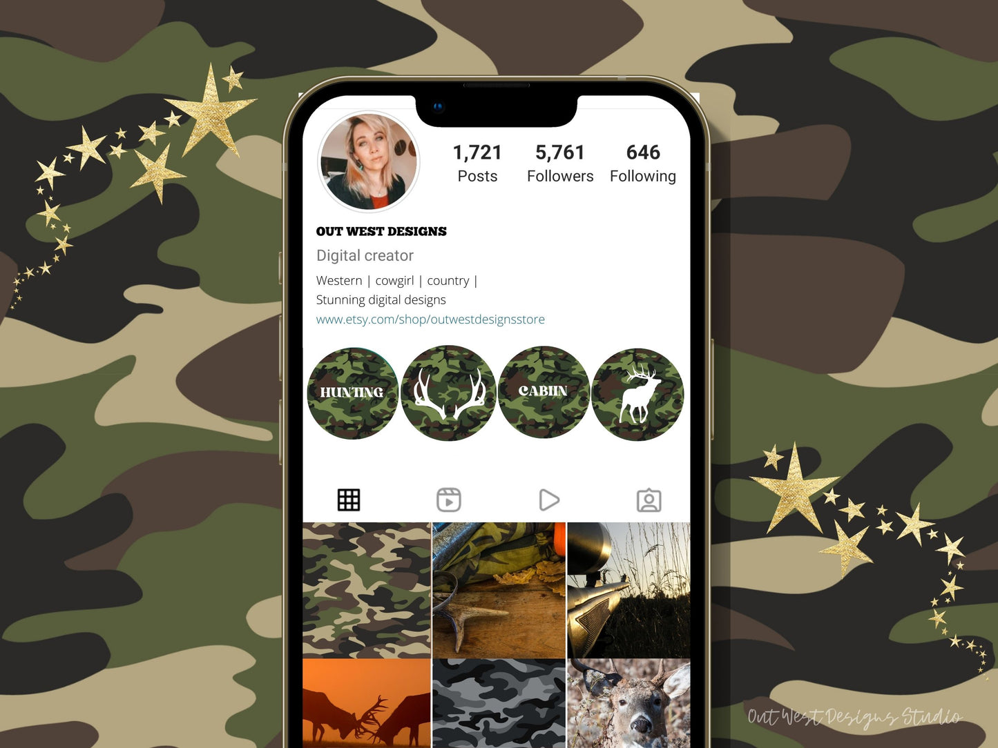 Hunting country Instagram highlight covers + story backgrounds - Green camo - country + western IG icons | deer elk bear hunter social media