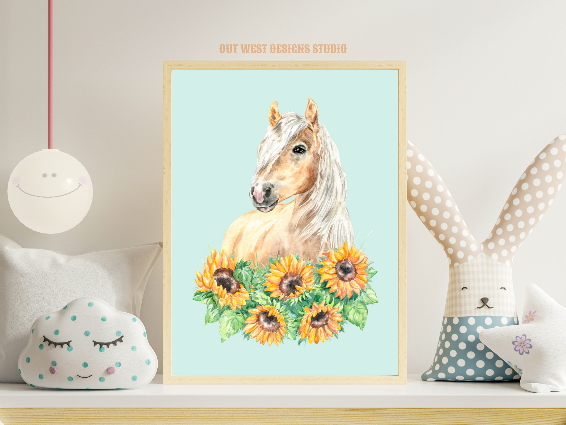 Sunflowers + Palomino horse print - babies, toddler girls + boys nursery home wall decor - pony cowgirl cowboy horses kids bedroom