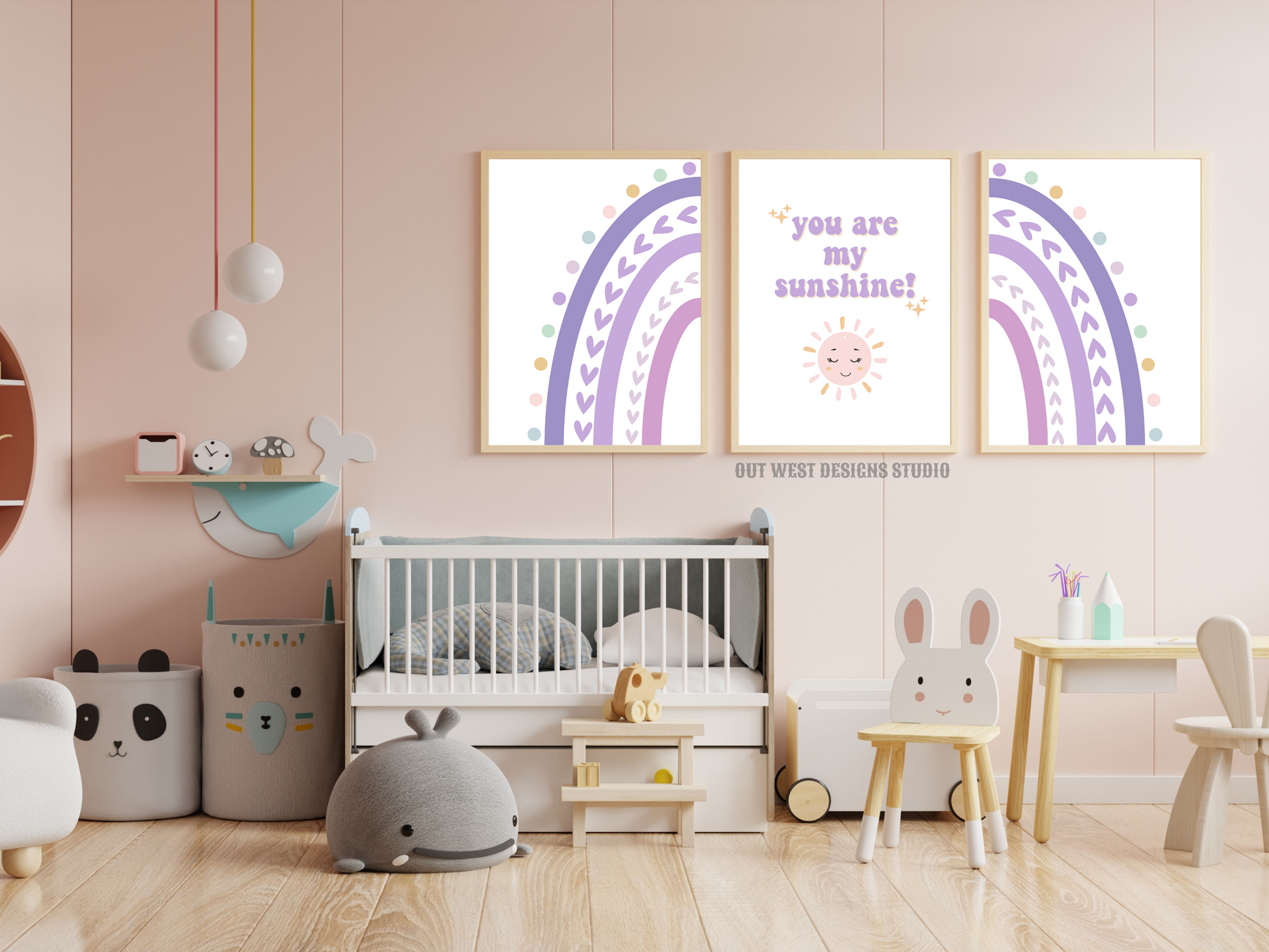 Sunshine rainbow nursery print- You are my sunshine pastel purple baby, toddler girls + boys wall decor water-color kids bedroom