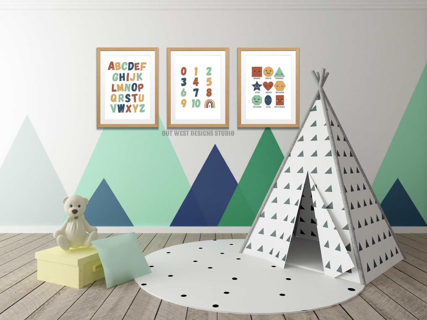 Pastel alphabet numbers + shapes print- babies, toddler boys nursery home wall decor - play room + kids bedroom educational poster art