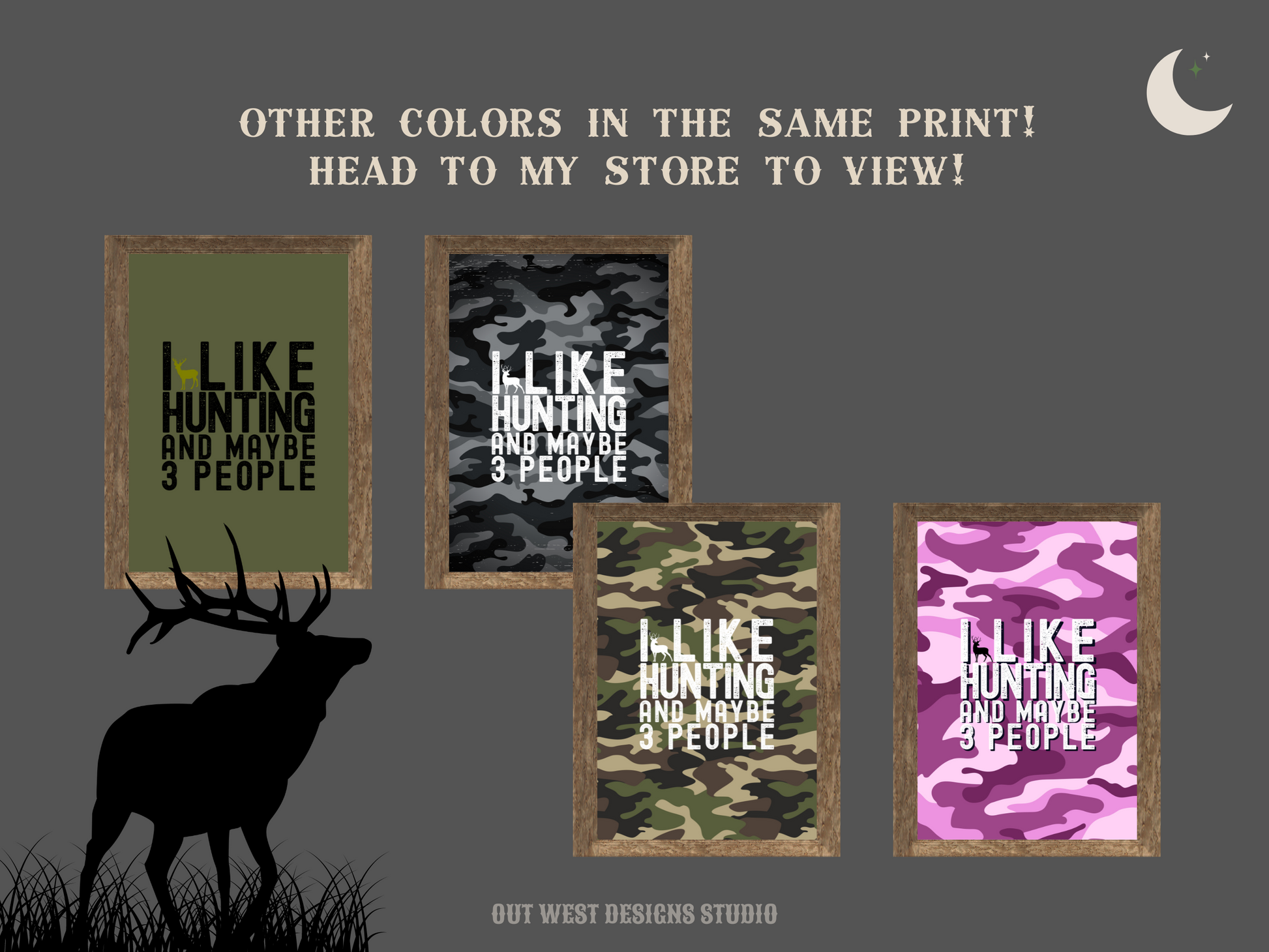 Hunting 'I like hunting + maybe 3 people' camo hunting print - Cabin home decor - deer, buck, duck hunt | Poster wall bedroom, house art