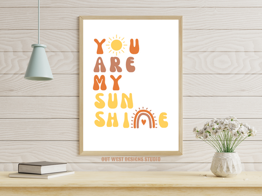 You are my sunshine nursery print in pink, orange + yellow | Kids bedroom poster art | boho babies nursery decor girls + boys room
