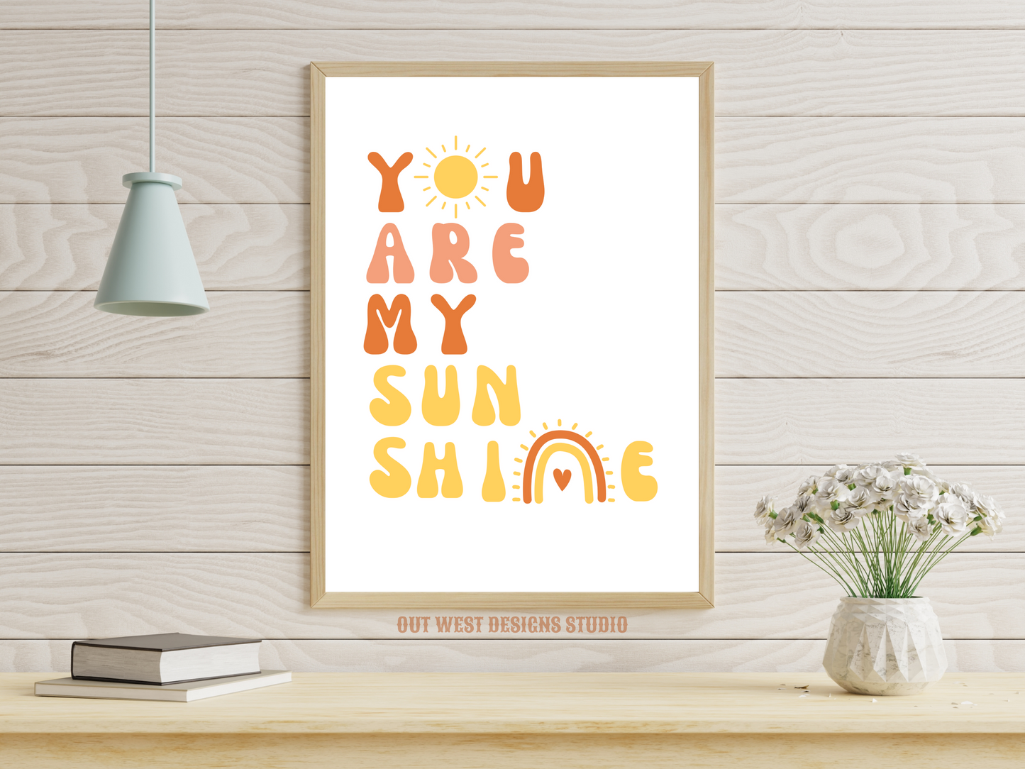 You are my sunshine nursery print in pink, orange + yellow | Kids bedroom poster art | boho babies nursery decor girls + boys room