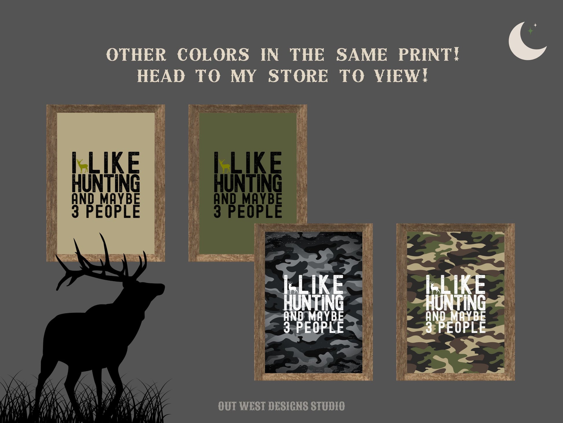 Hunting 'I like hunting + maybe 3 people' camo hunting print - Cabin home decor - deer, buck, duck hunt | Poster wall bedroom, house art