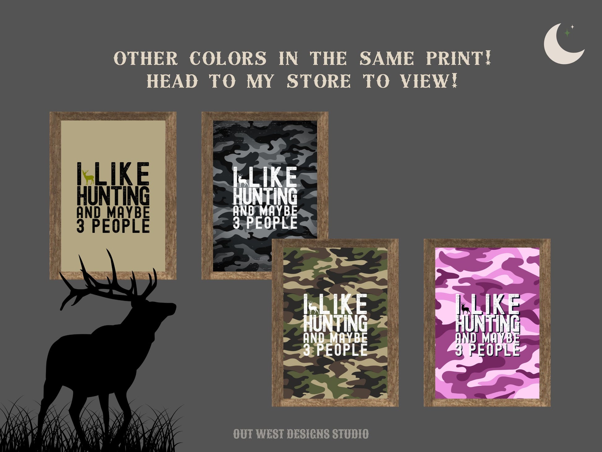 Hunting 'I like hunting + maybe 3 people' camo hunting print - Cabin home decor - deer, buck, duck hunt | Poster wall bedroom, house art