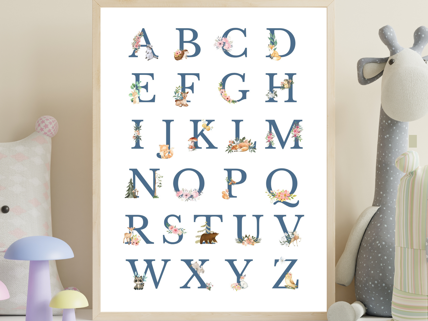 Alphabet Woodlands animals Poster Printable Wall Art BLUE FONT | ABC Alphabet Print Kids | Boho + country Nursery Decor Playroom picture