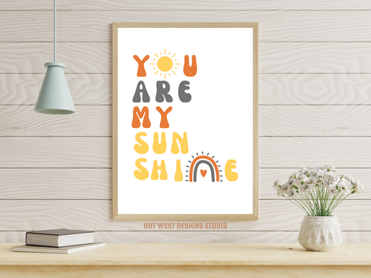 You are my sunshine nursery print in grey, orange + yellow | Kids bedroom poster art | boho babies nursery decor girls + boys room